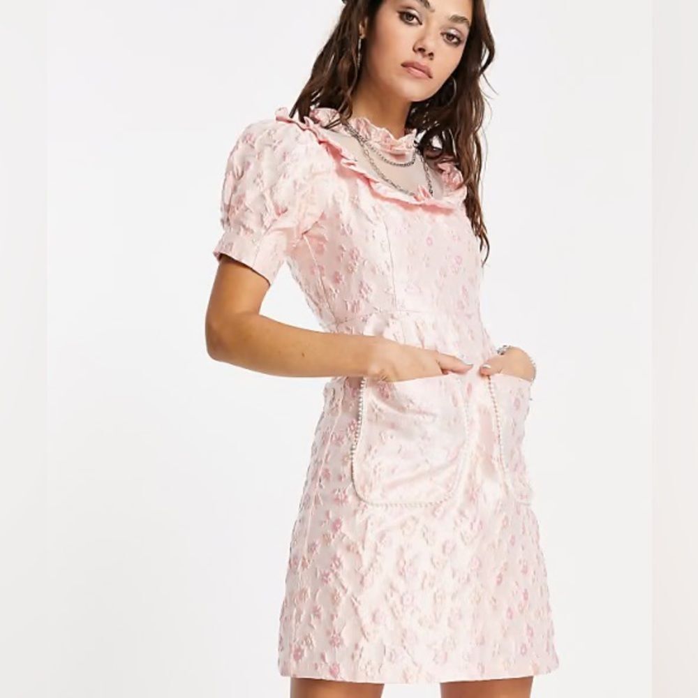 Sister Jane Jacquard Dress Pink Floral Brocade Puff Sleeve Pearl Pockets Size Sm